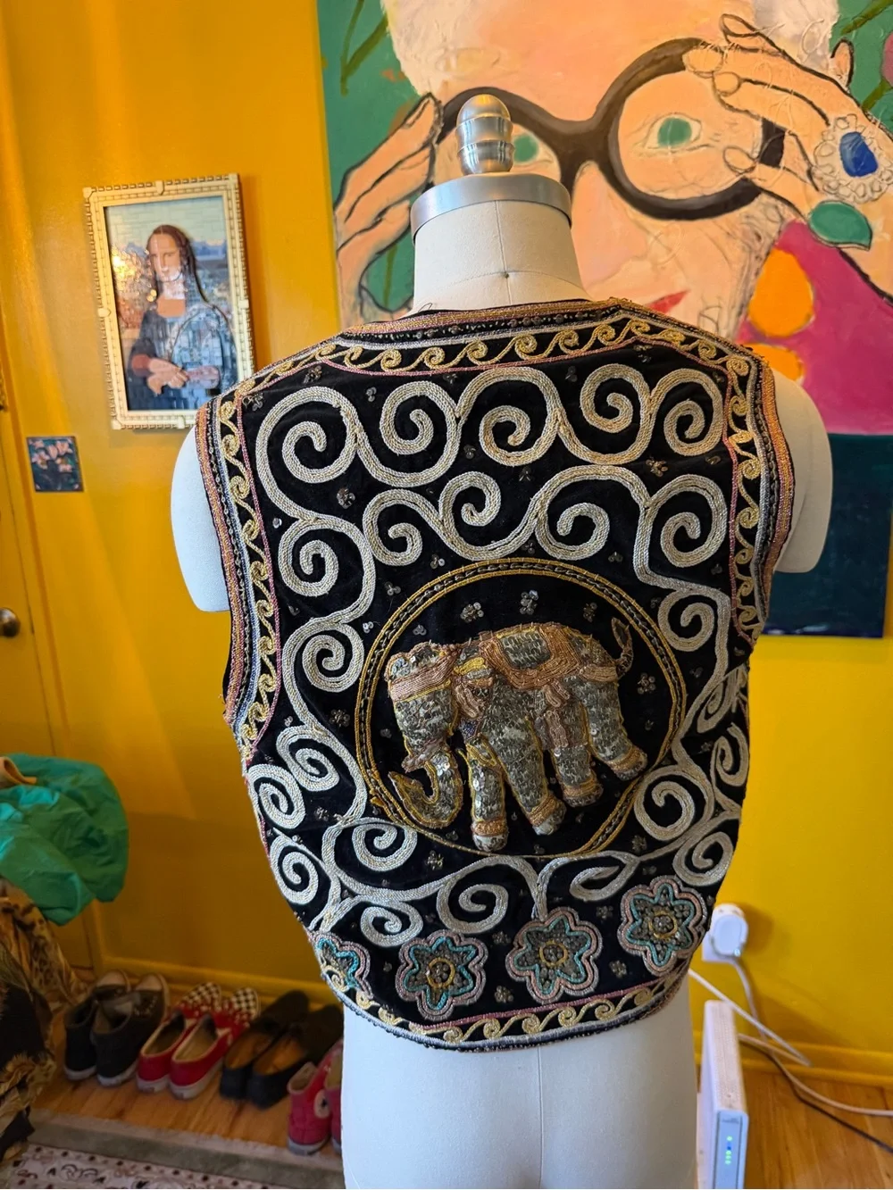 Embroidered Elephant Velvet Wall Vest black and gold